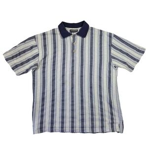 Expressions Mens Vintage Knit Polo Shirt Blue White Vertical Stripe Short Sleeve